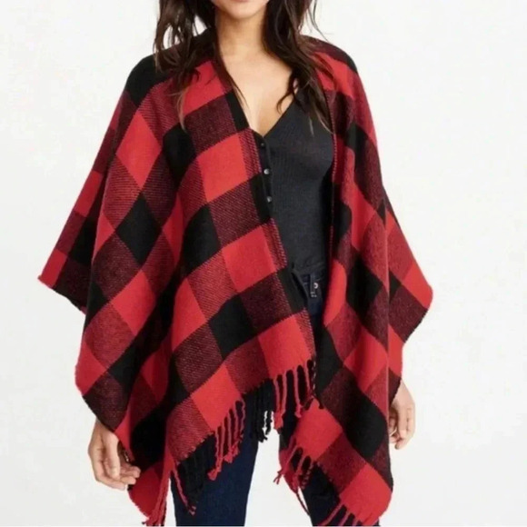 Abercrombie & Fitch blanket scarf poncho red black women’s cozy timeless holiday - Picture 1 of 8